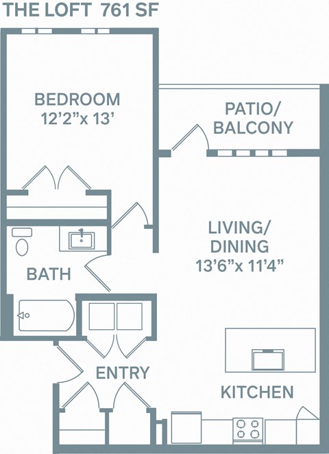 Floor plan for 1 bed, 1 bath, 761 sqft